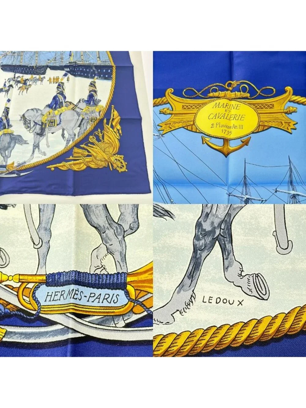 Hermes Scarf Horse Sea and Cavalry Silk 100% Blue